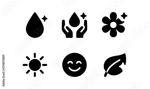 Minimalist icons: water, nature, and sun symbols for eco-friendly themes