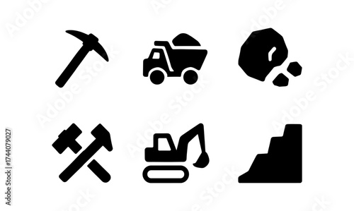 Minimalist mining icons set: tools, vehicles, and equipment in black silhouette style