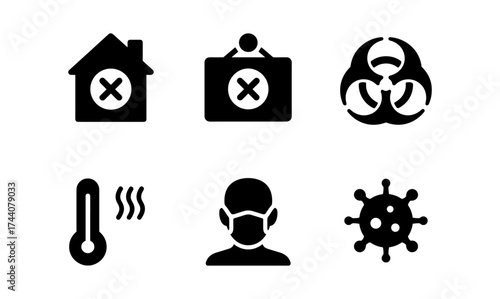 Black silhouette icons for home quarantine and health safety measures
