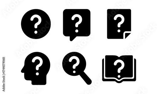 Minimalist question mark icons set with speech bubble, book, and profile silhouettes