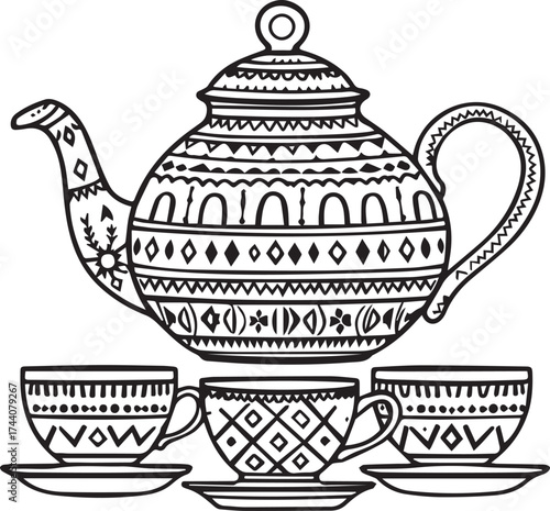 Ornate teapot and teacup set with geometric patterns and saucers in black vintage line art
