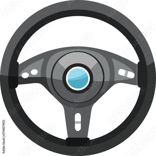 Modern car steering wheel with blue center button