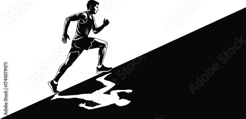 Runner silhouette uphill with symbolic shadow, black and white contrast art, perseverance and inner struggle concept, dynamic motion vector illustration