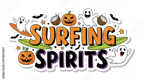 Spirited Halloween Surfing: A vibrant, whimsical illustration, combining the thrill of surfing with the festive spirit of Halloween. Ghosts ride waves, pumpkins carve faces.