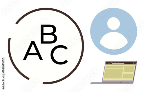 Letters A, B, C inside a circle, user profile silhouette, and laptop. Ideal for education, online learning, digital communication, user identity remote work literacy simple flat metaphor