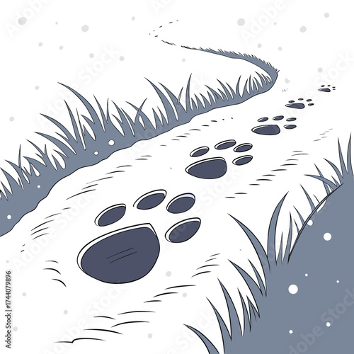 Animal paw prints trail across a snowy path lined with grass suggesting a journey through a winter landscape with falling snowflakes