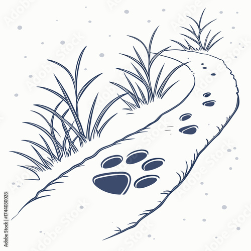 A winding path with prominent paw prints and tufts of grass suggesting a journey through a natural landscape with a hint of winter or snow