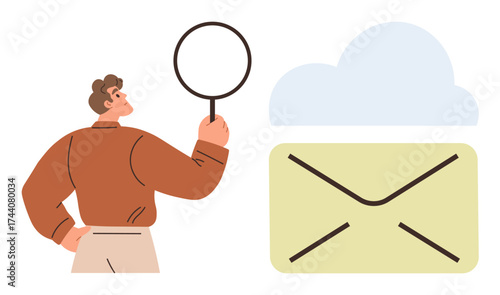 Person holding magnifying glass analyzes yellow envelope below a cloud. Ideal for communication, cloud storage, email security, message search, data analysis, technology concepts, simple flat