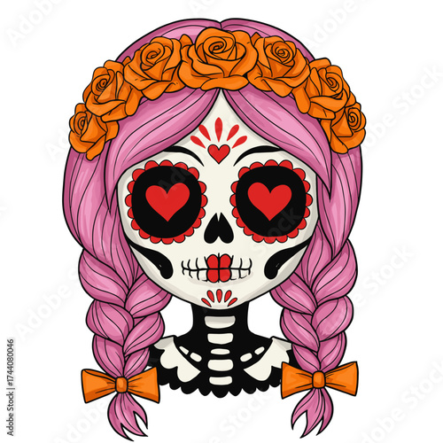 Illustration of a skull with pink braided hair and a flower crown in bright colors, for the Day of the Dead holiday for holiday decorations and themed events,isolate