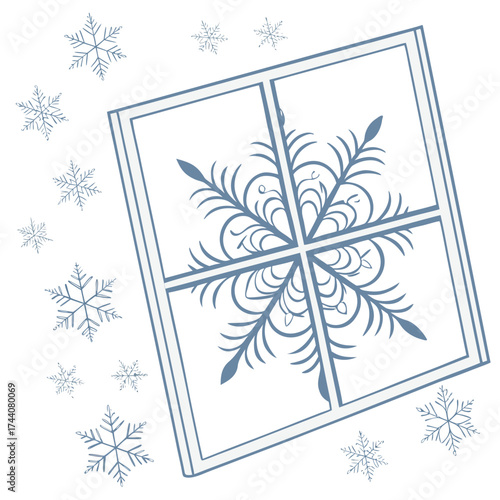 A large ornate snowflake is depicted on a window pane with smaller snowflakes falling around it against a white background