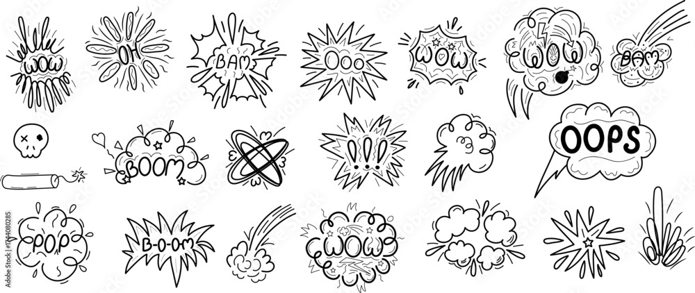Naklejka premium Hand-drawn speed clouds and anime doodle line elements vector set. Includes dynamic manga motion shapes, expressive comic effects, explosion bursts, and emotional speech bubbles with WOW, BAM, OOPS te
