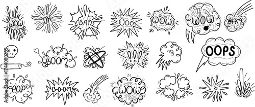 Hand-drawn speed clouds and anime doodle line elements vector set. Includes dynamic manga motion shapes, expressive comic effects, explosion bursts, and emotional speech bubbles with WOW, BAM, OOPS te