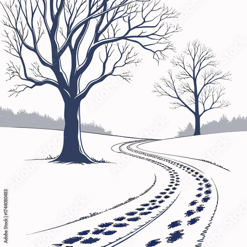 A winding path with footprints leads through a snowy landscape with bare trees and distant foliage under a pale sky evoking winter solitude and a journey