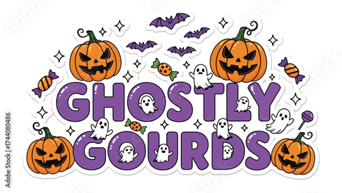 Ghostly Gourds Halloween sticker design: Playful and spooky design, combining jack-o'-lanterns, spectral ghosts, and candy for the Halloween season. 