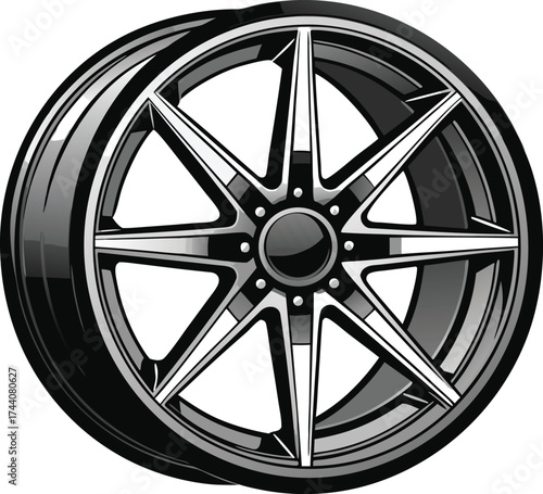 Sleek black and chrome alloy car wheel with a starburst spoke design