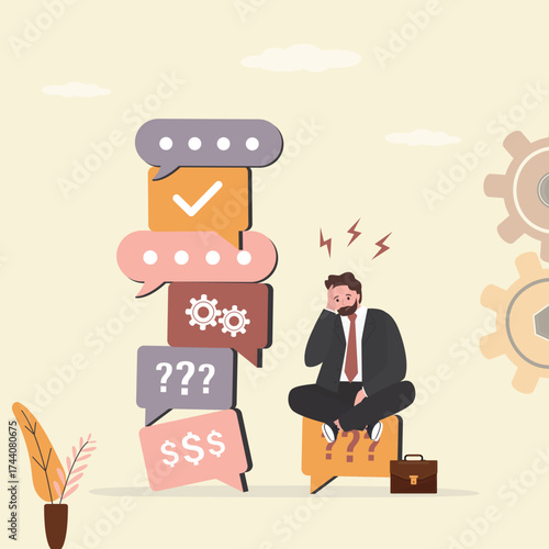 Angry businessman negotiator sitting near pile of speech bubbles. Business communication, speaker fearing negotiations and verbal communication. Loser without skills