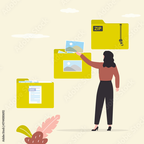 Woman user folds documents and media content in various folders. File management, keeping in order electronic information. Business data organization and storage,