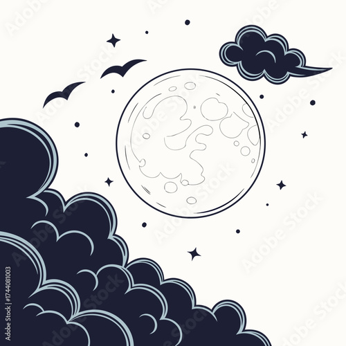 Stylized graphic illustration of a full moon surrounded by dark clouds stars and silhouetted birds flying across a pale night sky