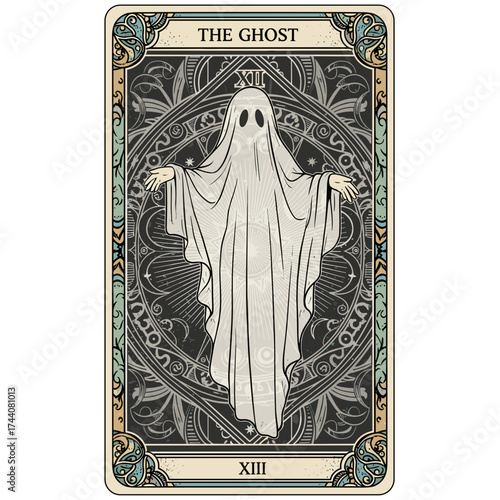 Ghost tarot card illustration with white ghost figure and ornate decoration, classic Halloween imagery. Ghost tarot card design includes vintage border, decorative elements, and gothic details.