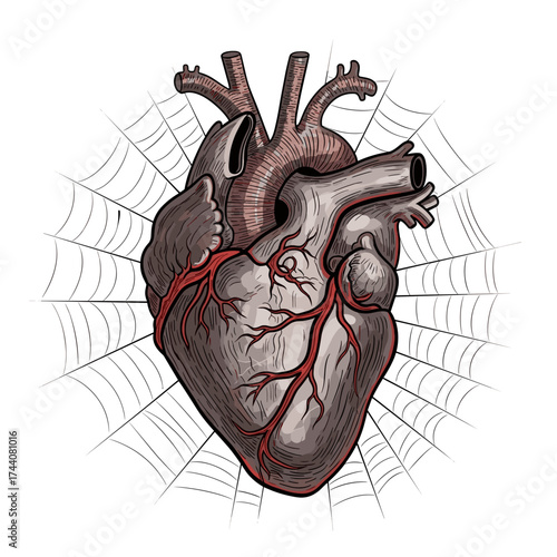 Anatomical heart with a spider web in intricate detail, creating an eerie and unusual medical scene. Anatomical heart graphic includes detailed arteries and veins.