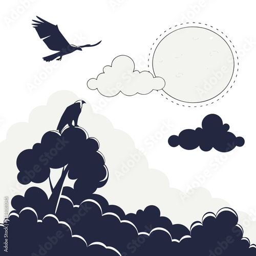A majestic eagle soars through the night sky near a large moon and silhouetted clouds while another eagle perches atop a dark stylized tree