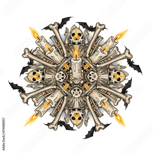Spooky Halloween pattern with bones, candles, and bats arranged radially on white backdrop. Halloween pattern includes bones, burning candles, and dark bats to conjure up eerie vibes for your designs.