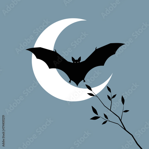 Halloween night scene with flying bat silhouette against crescent moon and dark branch. Halloween celebration includes creepy silhouette details: bat wings, curved moon shape, and bare tree.