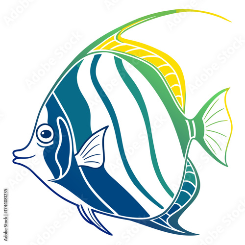 A vibrant stylized illustration of a moorish idol fish with bold blue green and yellow stripes depicted in a clean graphic design style against a white background perfect for aquatic themes