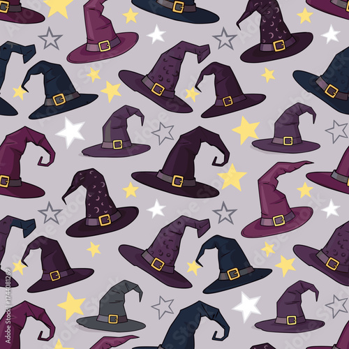 Halloween background with many witch hats and stars. Halloween pattern showcases assorted witch hats in shades of purple, black, and grey, scattered among grey and yellow stars.