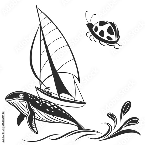 Whimsical black and white illustration of a humpback whale breaching near a sailboat and a ladybug flying above the ocean waves