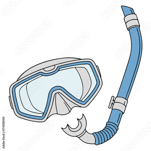 A simple cartoon illustration of a blue and gray diving mask and snorkel set perfect for underwater exploration and aquatic activities