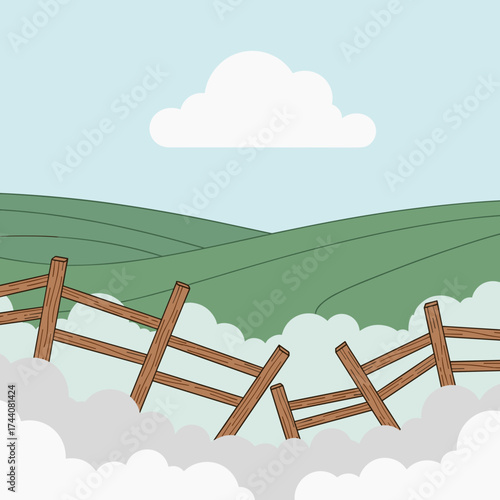 Broken fence amidst fog across green fields. Broken fence illustrates rural desolation and misty morning countryside, with dilapidated fence and overcast sky. Depicts broken fence,