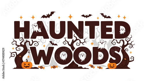 Haunted Woods Illustration: Spooky and whimsical illustration depicts the haunting atmosphere of a forest during the Halloween season, featuring bats, pumpkins, and ghostly apparitions. 