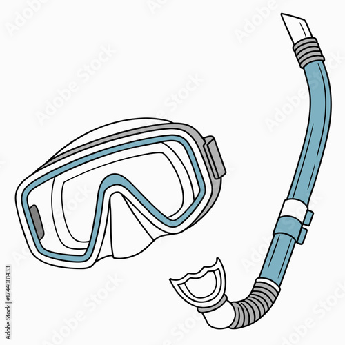 A simple cartoon illustration of a white and blue diving mask and snorkel set isolated on a white background for water sports and underwater exploration