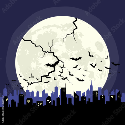 Cracked full moon hovers over city skyline silhouette against a night sky, spooky Halloween backdrop. Full moon provides eerie illumination over urban landscape, bats flying around.