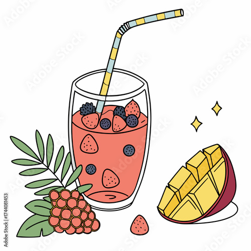 A refreshing and vibrant illustration of a berry and mango smoothie in a clear glass with a striped straw garnished with tropical leaves and a cluster of berries