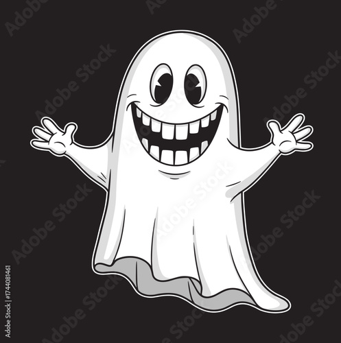 Spooky ghost illustration in black and white for Halloween celebrations. Ghost shows its toothy grin, arms raised, ready for Halloween night.
