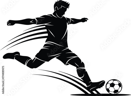 Soccer player silhouette kicking ball, dynamic motion illustration, black and white sports vector, athletic action pose, football energy concept design