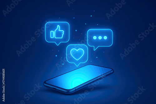 Smartphone with glowing blue social media notification icons for likes, comments, and messages mobile phone