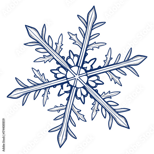 A detailed hand drawn illustration of a single blue snowflake with intricate crystalline arms and a central core isolated on a white background representing winter and cold weather