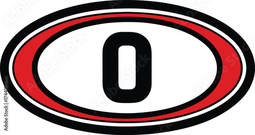 Bold black number zero inside a red and white circular emblem