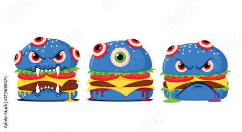 Three cartoon monster burgers with various scary eyes and expressions.