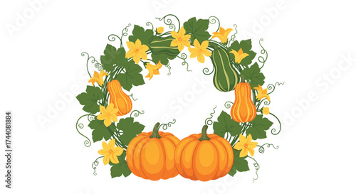 A circular wreath of pumpkins squash and gourds with green leaves and yellow flowers.