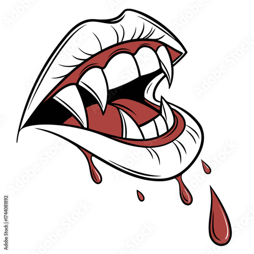 A stylized illustration of a pair of open lips with sharp vampire fangs dripping blood evoking a sense of horror and danger