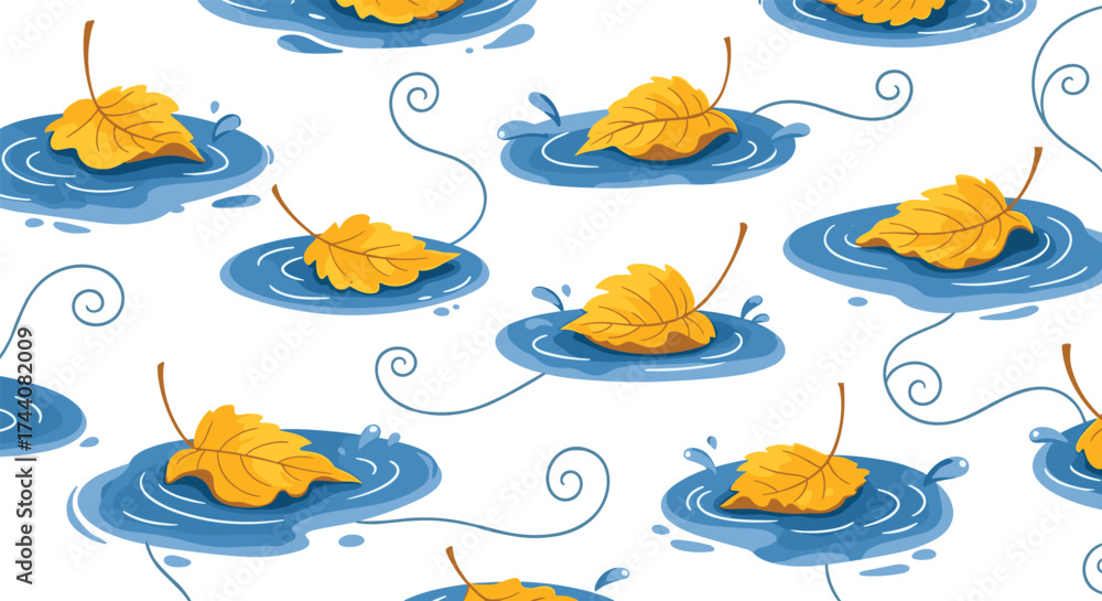 Naklejka premium Falling autumn leaves float on the puddles.