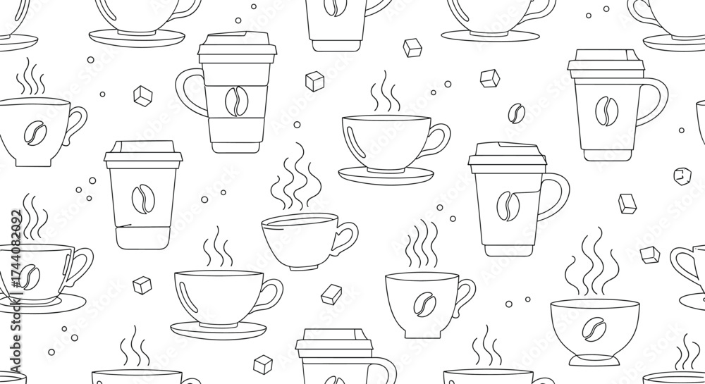 Obraz premium A seamless pattern of coffee cups and beans with steam.