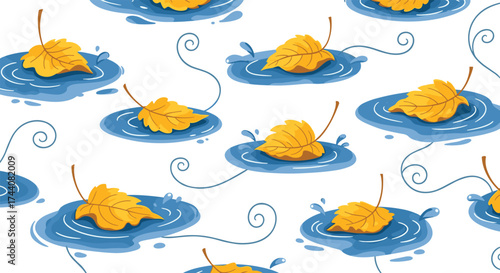 Falling autumn leaves float on the puddles.