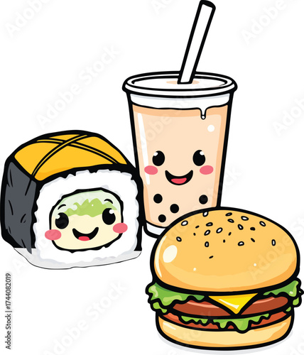 Cute food character set — black and white stylized sushi roll, bubble tea, and cheeseburger with smiling faces and rosy cheeks