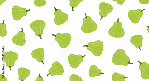 A seamless pattern of many green pears on a white background.