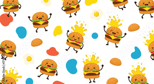 A delightful pattern of cartoon burgers and fried eggs.